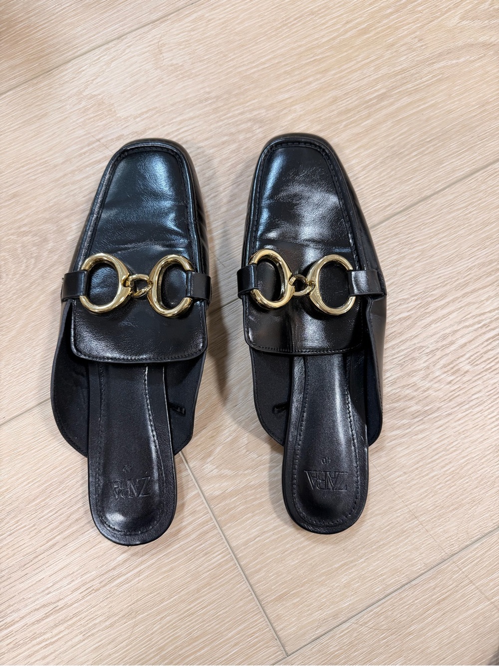 Zara Women’s Black Leather Slip-On Mules with Gold Buckle - Size 40